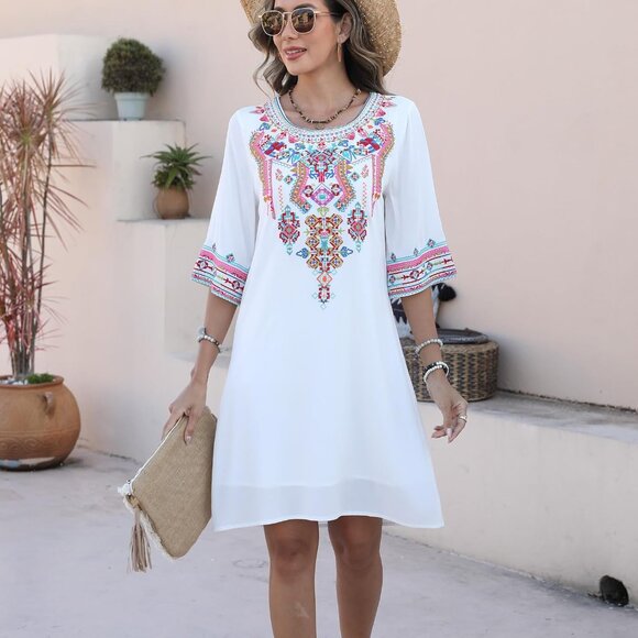 Women's Mexican Embroidered Boho Dress Cotton Plus Size Summer Festival - Picture 3 of 6